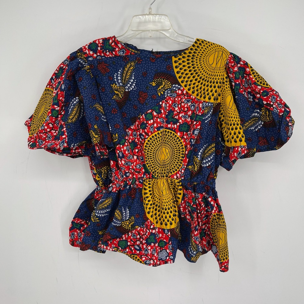 D'iyanu Women's Multicolor African Print Flutter Sleeve Peplum Blouse Size XL